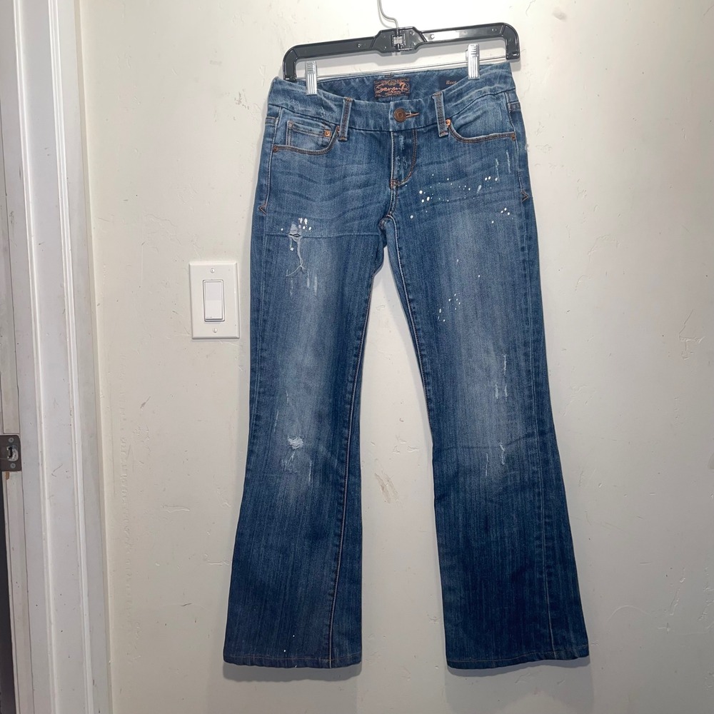 Seven7 Womens Distressed Paint Splatter Bootcut Jeans Blue Size 26 Low Rise
